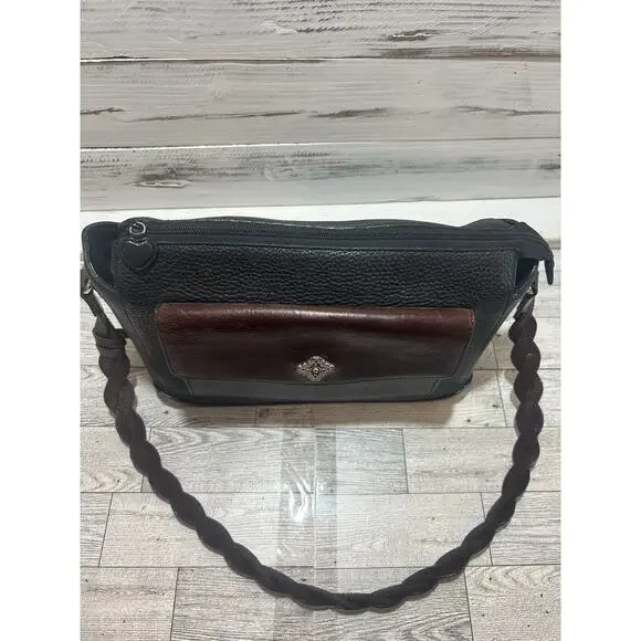 Brighton Two Tone Leather Shoulder Handbag Purse Black Brown floral interior - Picture 7 of 13